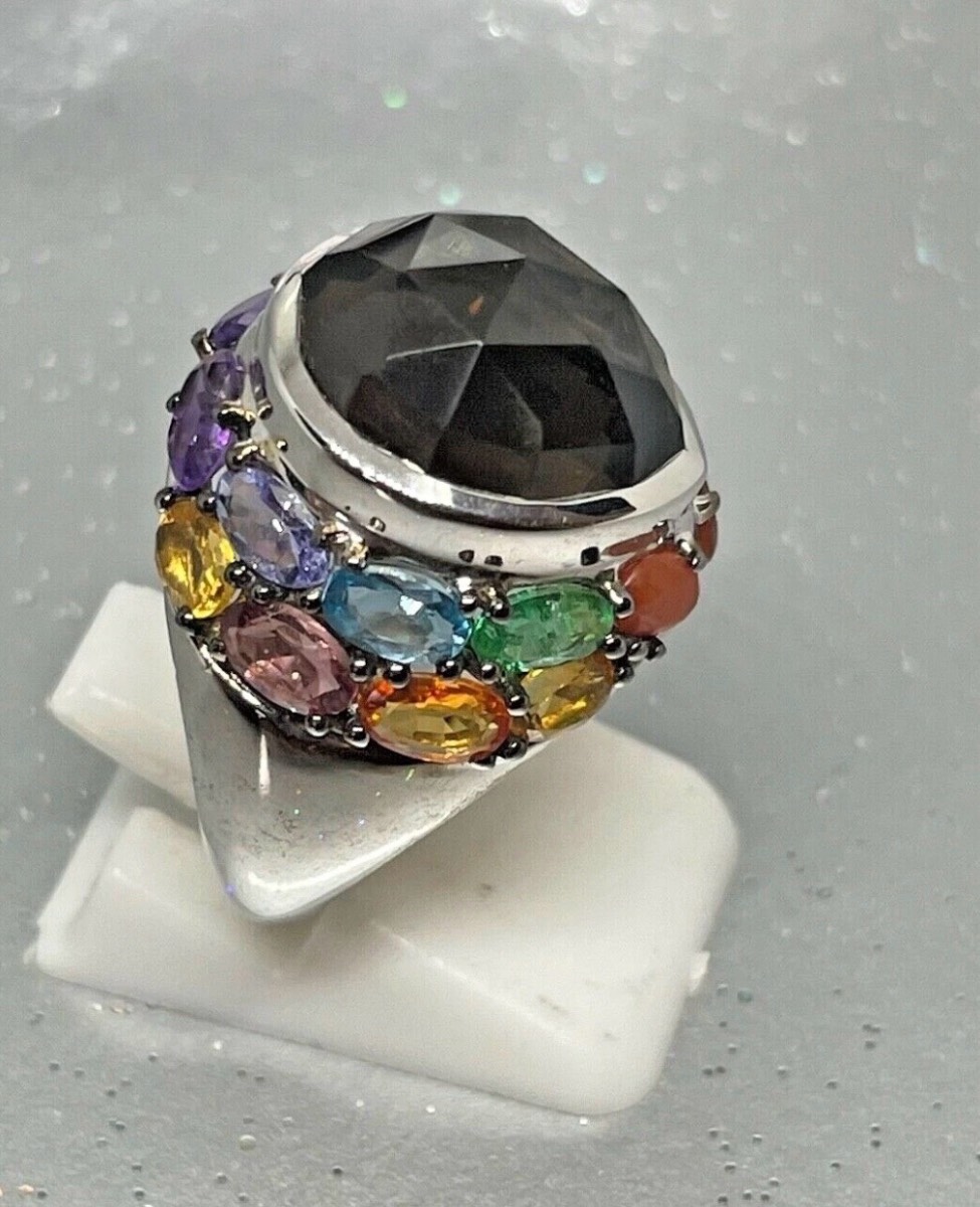 Vintage sterling silver Smokey quartz and multi gemstone ring