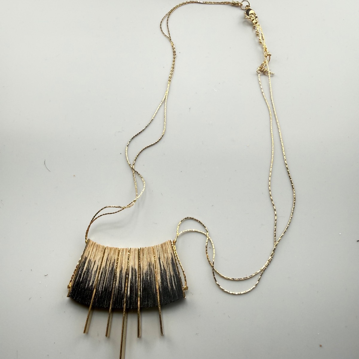 Michal Taharlev Gold Tone textile Fringe Pendant Necklace