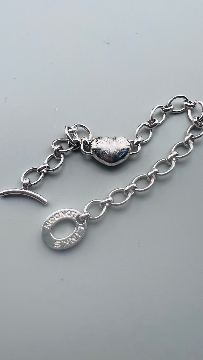 Vintage Links Of London 925 Silver Chain Bracelet With Heart And Toggle Clasp 7.5inches 19.8g