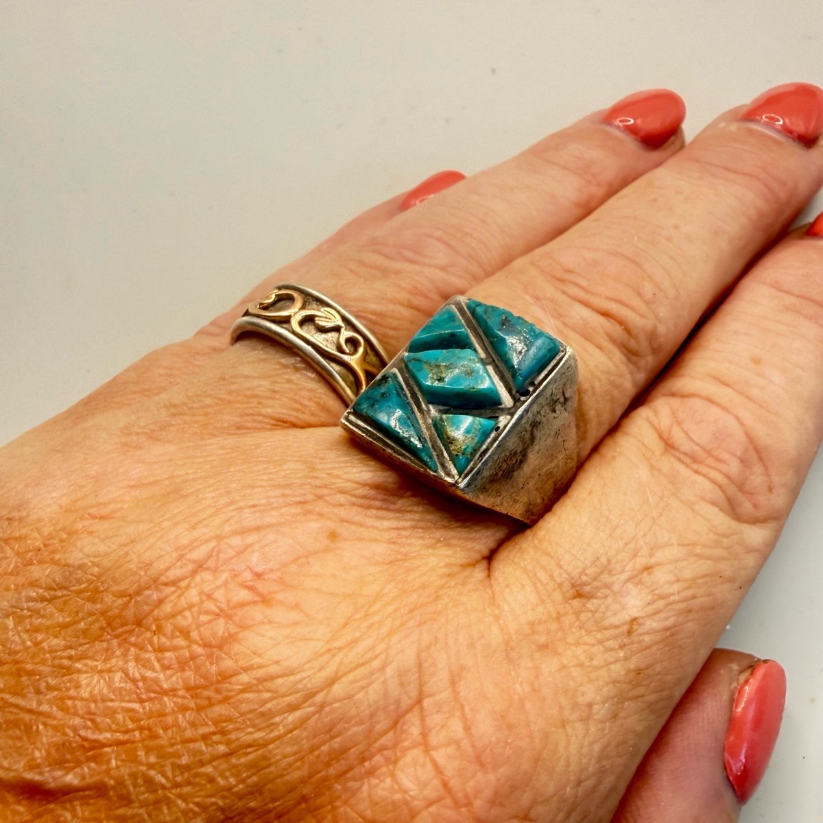 Mid Century Vintage Sterling Silver Turquoise Native American Ring Size V 13.50g