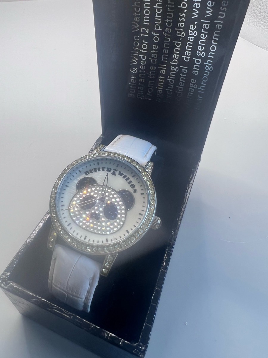 Rare Butler & Wilson Panda Face Crystal And Leather Quartz Watch