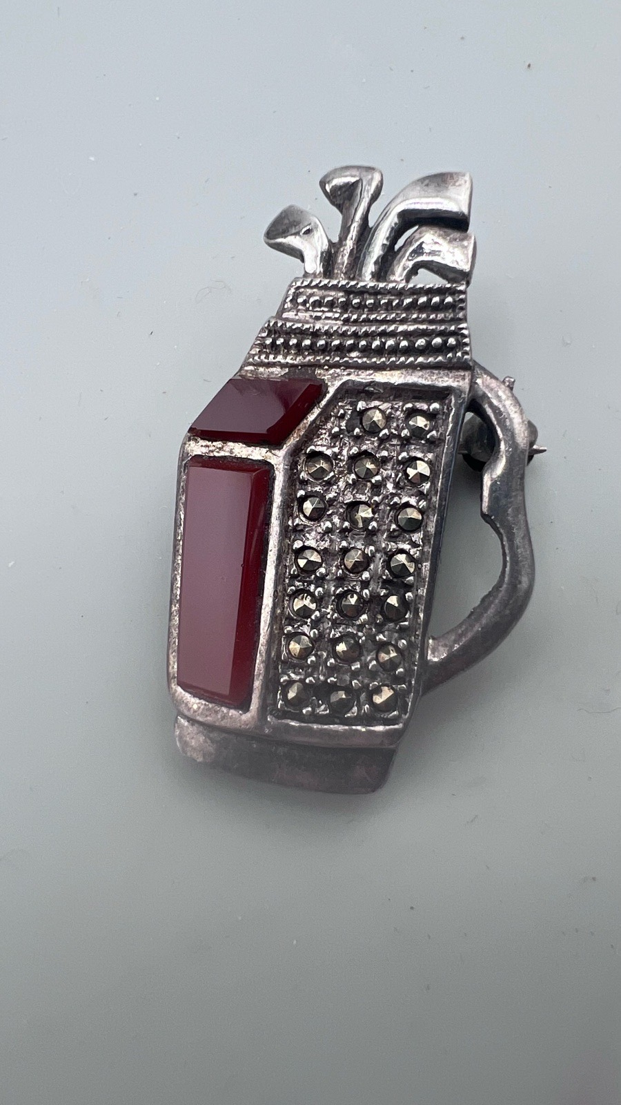 Vintage Sterling Silver Red Onyx And Marcasite Golf Bag And Clubs Pin Brooch L38mm W10g