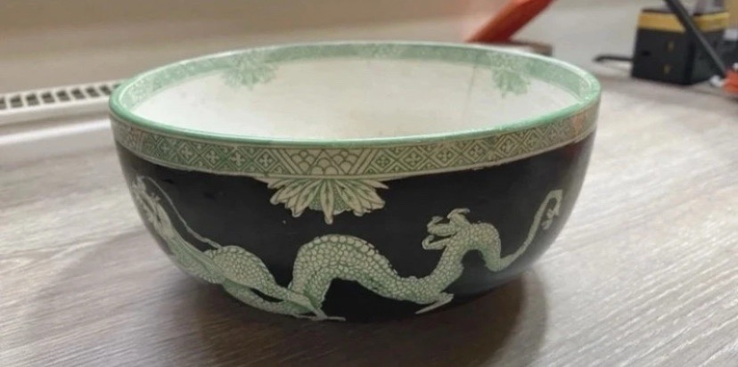 Vintage Cetem Ware Dragon Bowl Black Green Oriental Style Ceramic Bowl