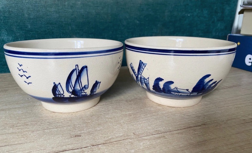 Pair Vintage Delft Style Blue & White Pottery Bowls Dutch Windmill Sailing Boat