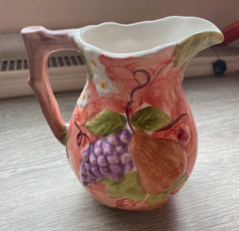 Farval Portugal Hand Painted Fruit Jug Pitcher Ceramic Grapes Pear Vintage