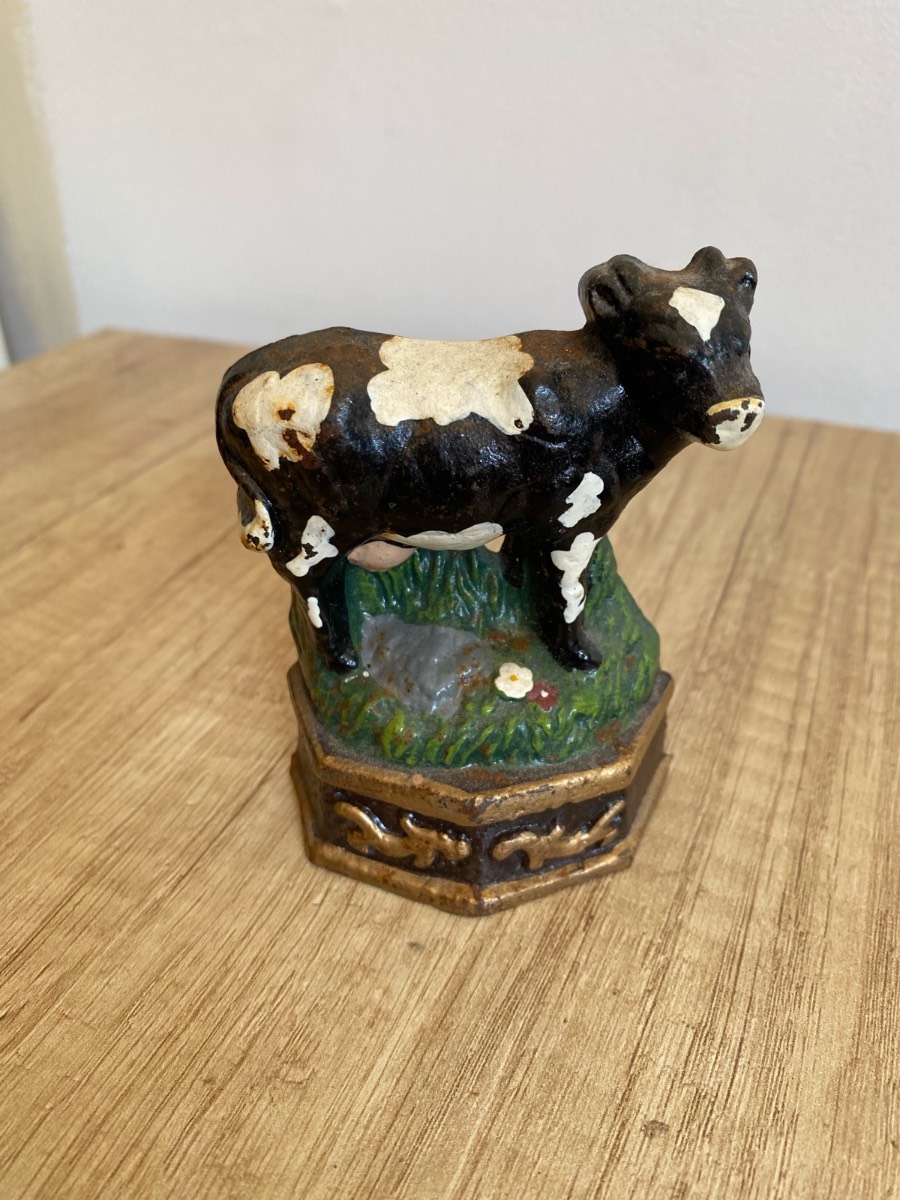 Vintage Cast Iron Holstein Cow Doorstop Farmhouse Black White Dairy Cow