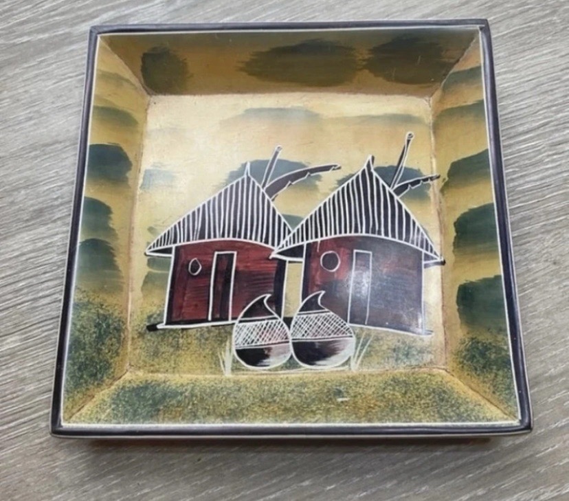 Vintage Folk Art Trinket Dish Village Scene Square Decorative Tray