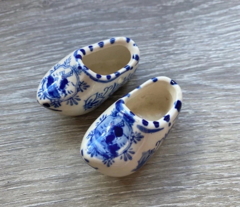 Vintage Delft Blue Miniature Ceramic Clogs Pair Holland Souvenir Shoes