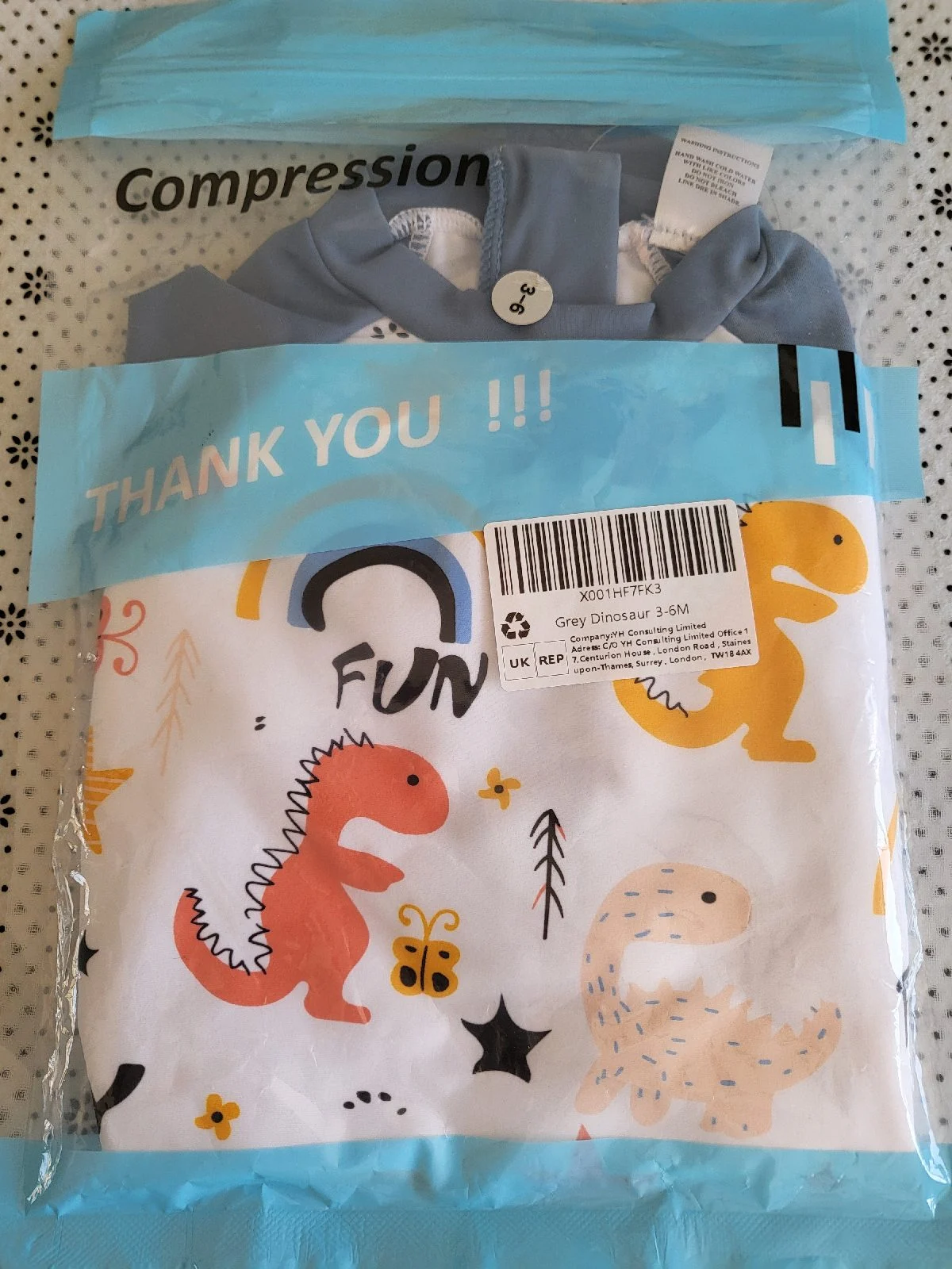 All-in-One Swimsuit UPF 50+ Sun Protection with Matching Hat - Dinosaur 3-6 Months