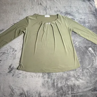 Anamor Khaki 3/4 Sleeve Top Size M Ruched Neck Stretch Casual Smart Blouse