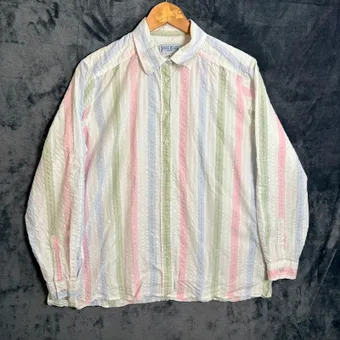 James Meade Vintage Stripe Shirt Size 18 White Pastel Lyocell Long Sleeve
