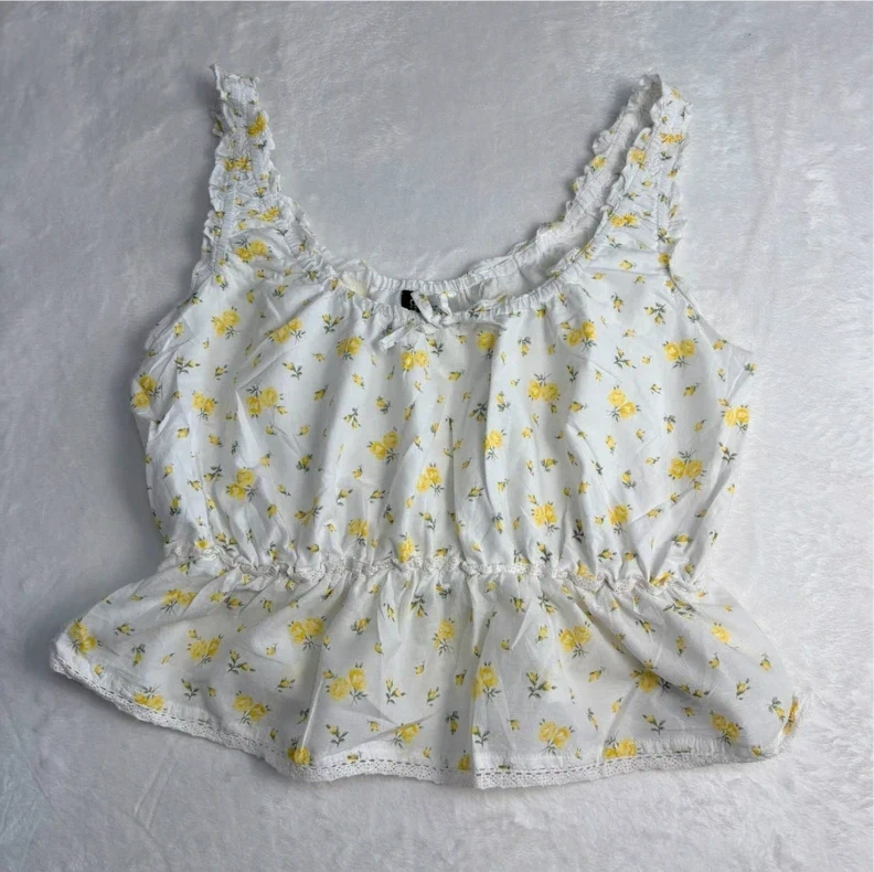 H&M Divided White Yellow Floral Peplum Top Size S Cottagecore Summer Festival