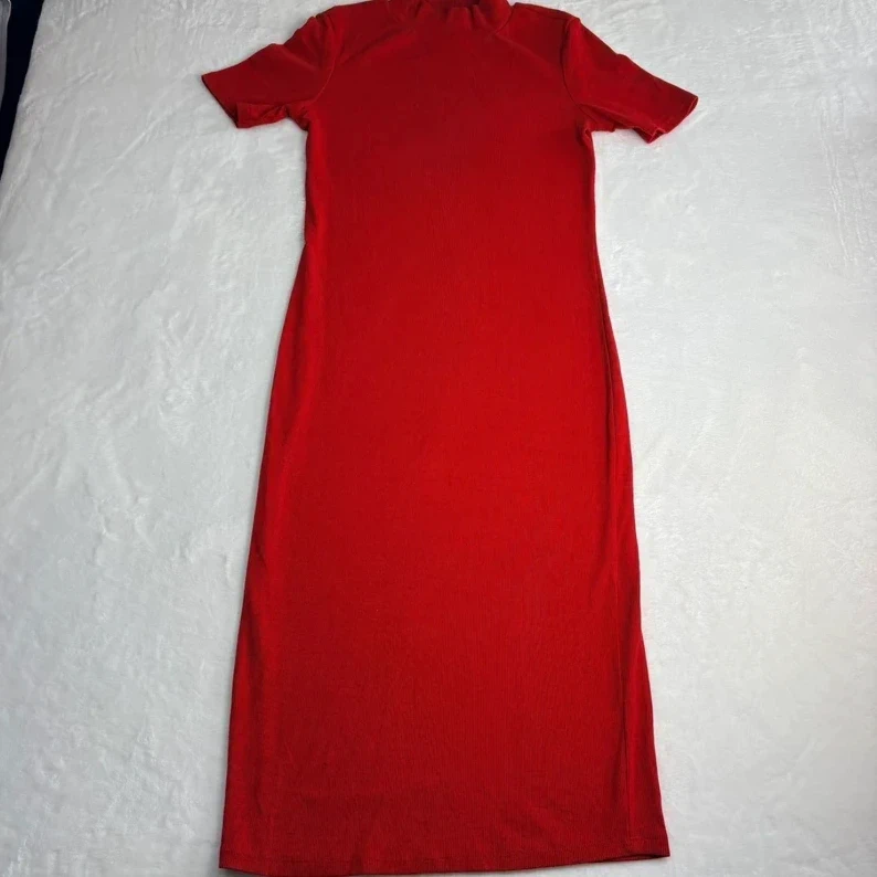 Zara Red Ribbed Midi Dress EUR M High Neck Bodycon Minimalist Summer