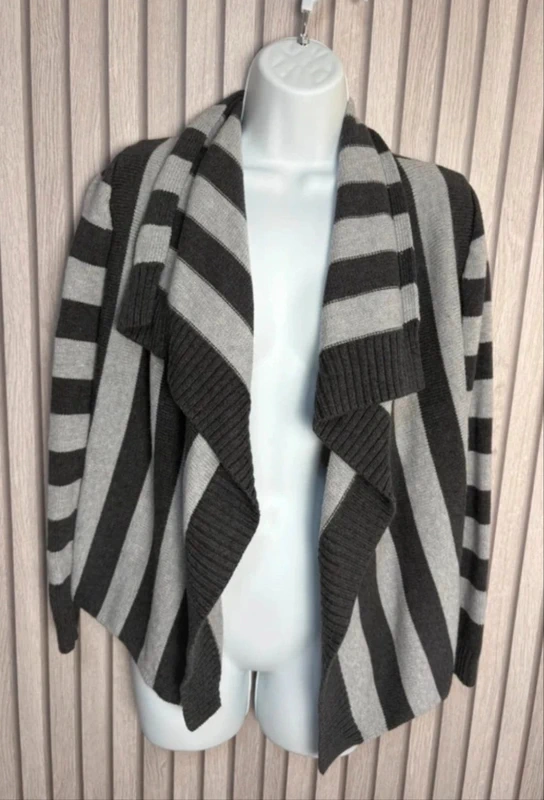 Chaps Denim Cardigan Size S Grey Stripe Waterfall Open Front Cotton Knit Casual