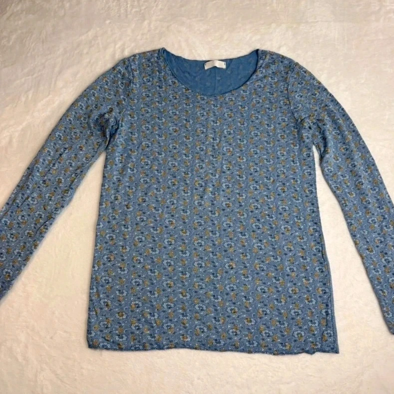 Blue Floral Pattern Long Sleeve Top Approx UK 10-12 Stretch Casual Lightweight