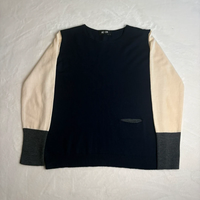 ME+EM 100% Merino Wool Colour Block Jumper Size L Navy Cream Grey Knit