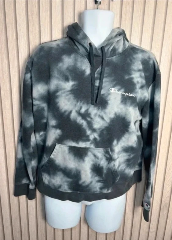 Champion Tie Dye Hoodie Size L Grey Black Streetwear Casual Jumper