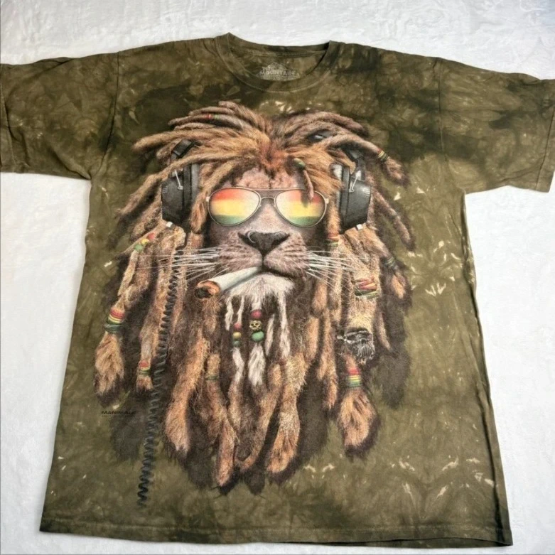 The Mountain Rasta Lion Graphic T Shirt Green Tie Dye Size L Reggae Casual