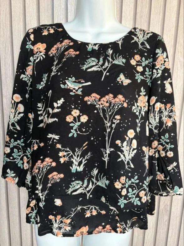 Monsoon Black Floral Print Double Layer Top UK Size 10 Cottagecore