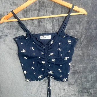 Hollister Navy Floral Ribbed Cami Crop Top Size M Ruched Stretch Summer