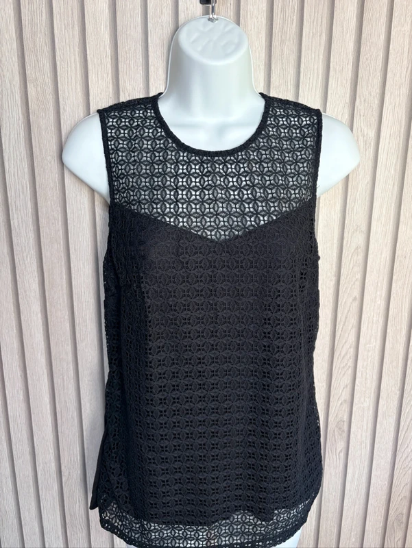 H&M Black Lace Sleeveless Top uk Medium sheer Crochet Overlay Blouse Summer