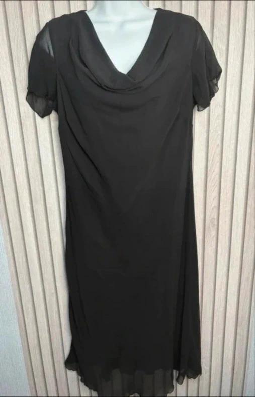 Bonmarché Black Chiffon Dress UK Size 14 Elegant Cowl Neck Evening Party Summer