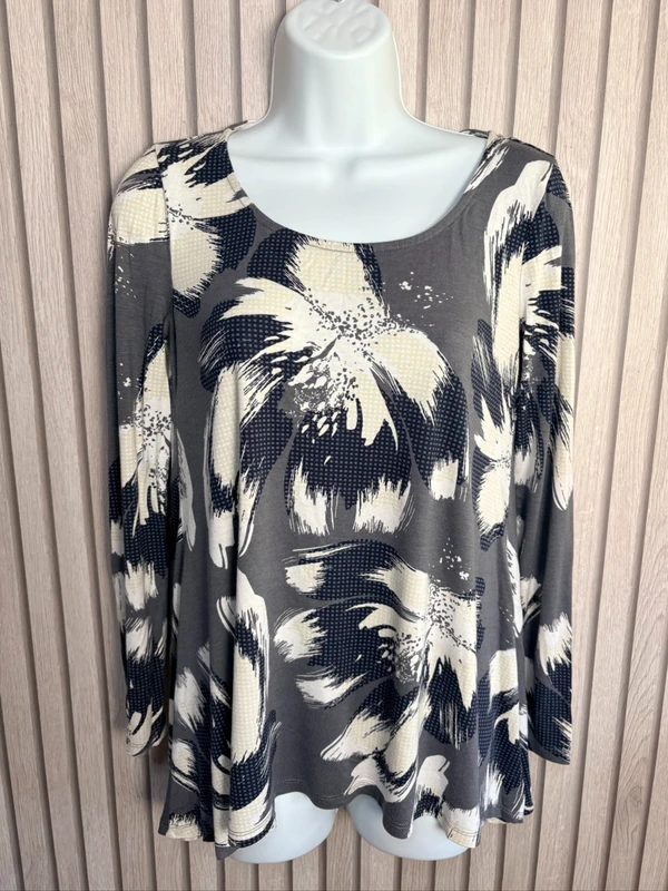 Phase Eight Floral Top UK Size 10 US 6 Grey Long Sleeve Stretch Blouse Cottagecore