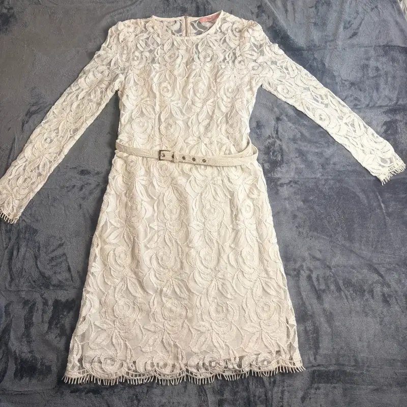 Next Ivory Floral Lace Midi Dress Size 12 Long Sleeve Belted Occasion Wedding
