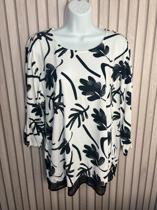 Womens Black White Floral Tunic Top UK Size 16- 18 Summer