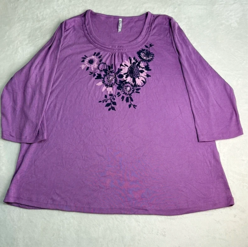 Bm Casual Purple Floral Top XL 3/4 Sleeve Embellished Casual Tunic Summer