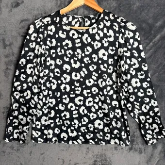 Peacocks Black White Patterned Blouse Size 10 Long Sleeve Puff Sleeve