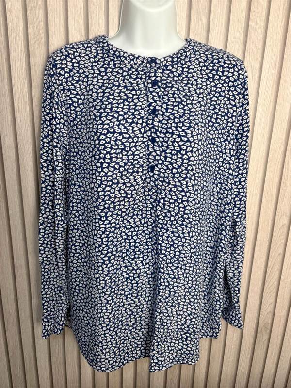 Amazon Essentials Blue White Printed Blouse UK Size L Button Front Long Sleeve Lightweight