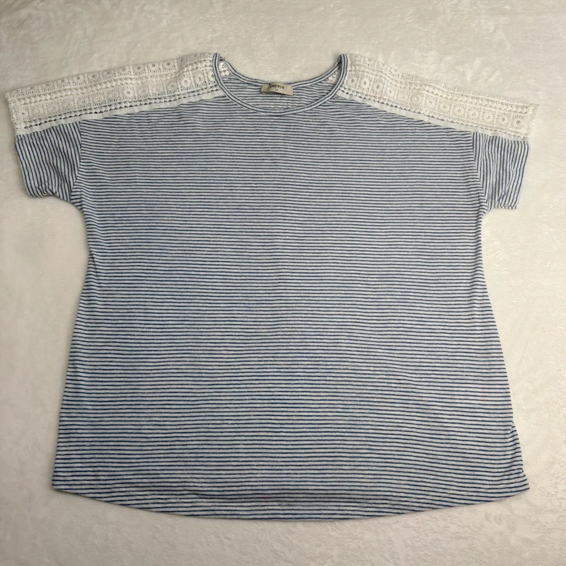 Papaya Blue White Striped Top UK Size 14 crochet Sleeve T-shirt Summer Casual