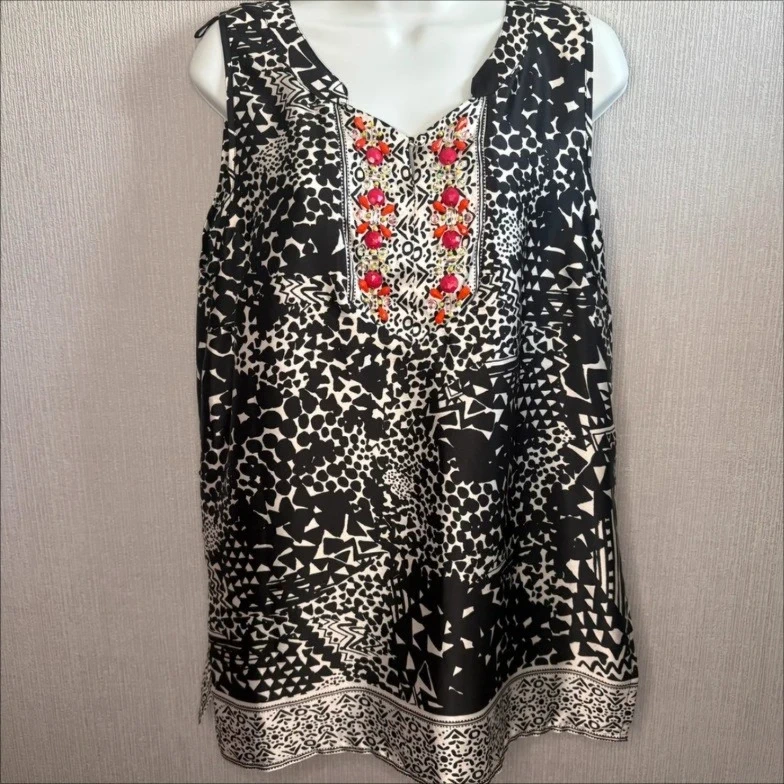 Wallis Black White Print Sleeveless Top with Embroidery Size M (UK 12-14) Summer Lightweight