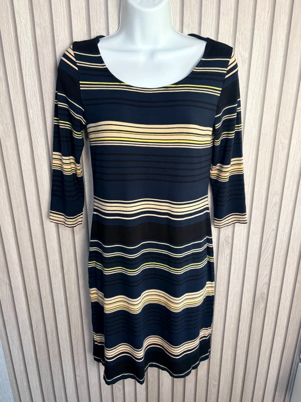 Monsoon Striped Dress UK 10 US 6 Navy Multi 3/4 Sleeve Stretch Casual Ladies