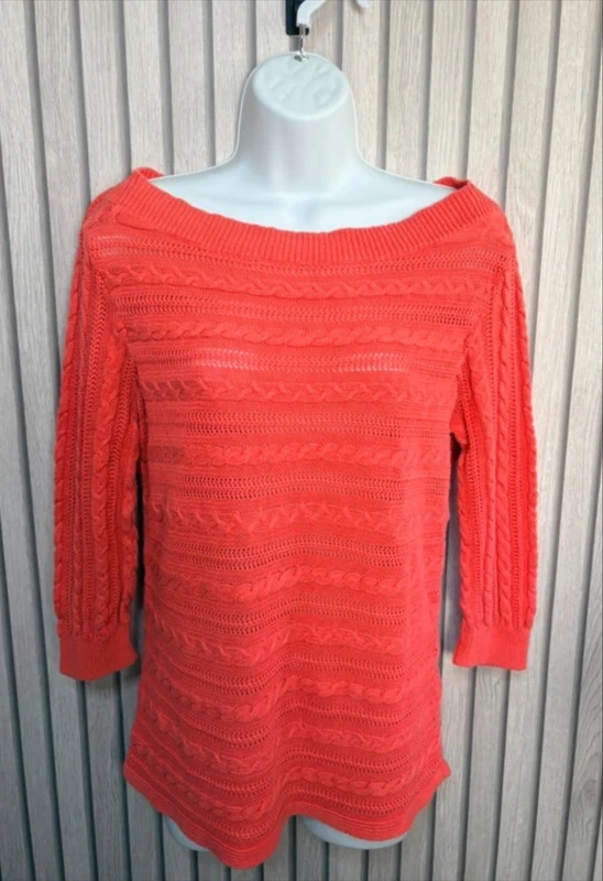 Chaps Classics Coral Cable Knit Jumper Size L 3/4 Sleeve Cotton Blend Summer