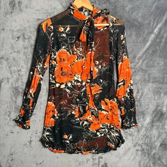 River Island Floral Tie Neck Blouse Size 6 Black Orange Sheer Y2K Boho