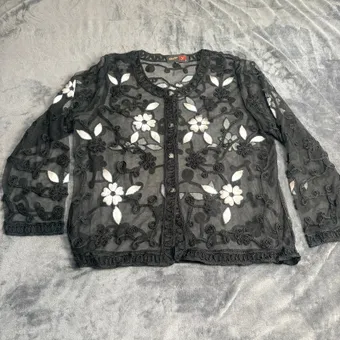 Stephen Yi Black Sheer Floral Mesh Cardigan Jacket Size 2XL Embroidered