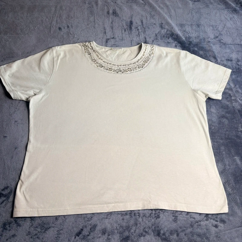 Eastex Pale Sage Green Embroidered Neck Cotton T Shirt UK 20 Short Sleeve Top