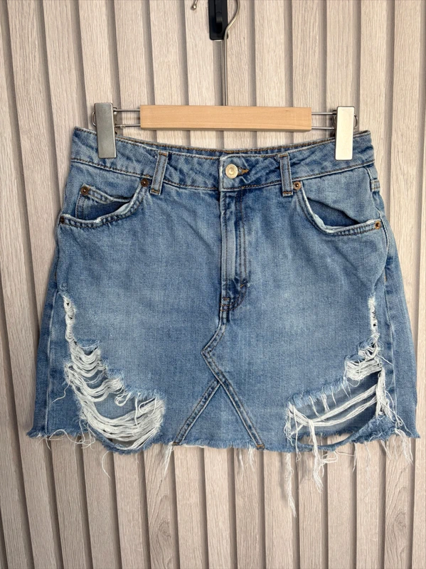 Topshop Moto Denim Mini Skirt UK Size 10 US 6 Blue Distressed Ripped Summer