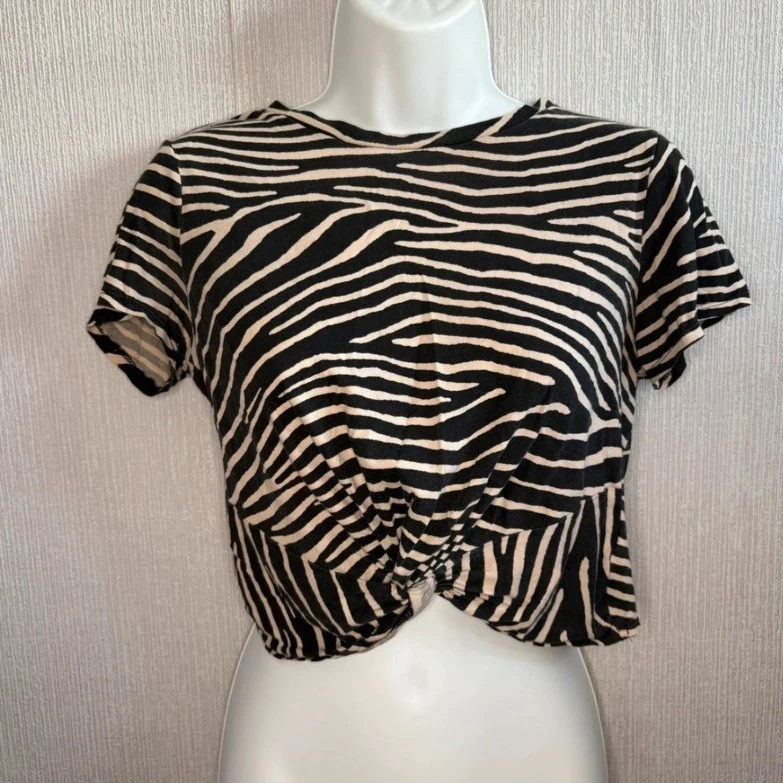 H&M XS UK 6 Zebra Print Knot Front Crop Top Black White Short Sleeve Cotton Animal Print Summer