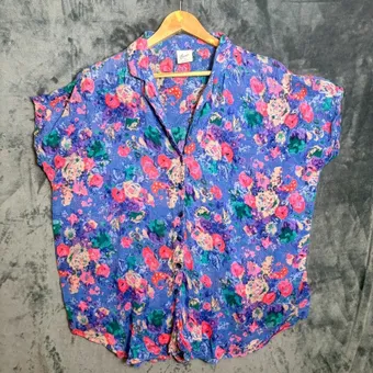 Vintage 90s Amari Floral Blouse uk Size 16 Blue Pink Cotton Blend Short Sleeve Shirt
