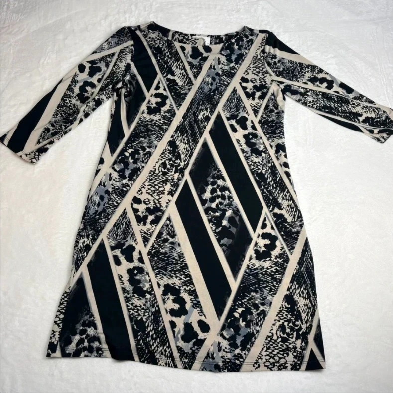Black Cream Animal Print Geometric Dress UK Size 12 3/4 Sleeve Summer