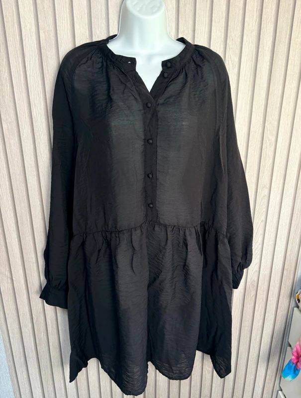 H&M Black Sheer Tunic Dress Uk Size L Floaty Long Sleeve Lightweight Beach