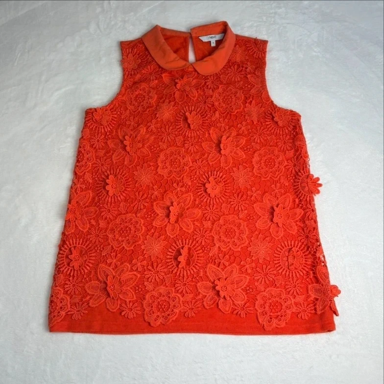 Next Peach Coral Lace Top UK Size 12 Floral Crochet Peter Pan Collar Summer