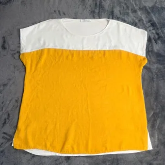 Nutmeg White Mustard Colour Block Top UK 16 Short Sleeve Viscose Casual Summer