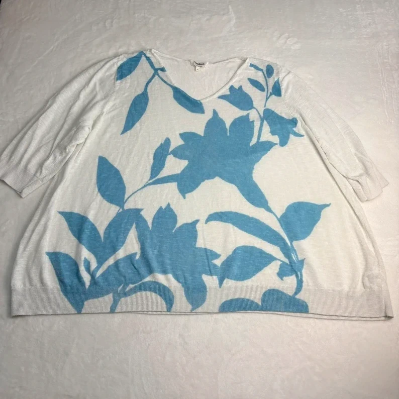 Studio 8 By Phase Eight White Blue Floral Linen Blend Top Size 26 3/4 Sleeve Summer