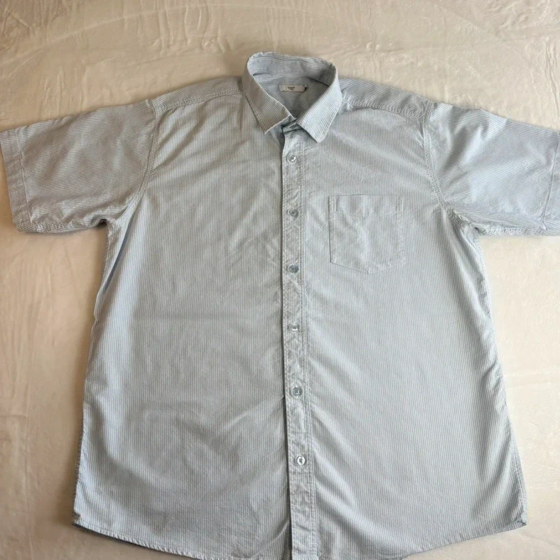 Cotton Traders Blue White Striped Short Sleeve Shirt Size L Summer Holiday Lightweight