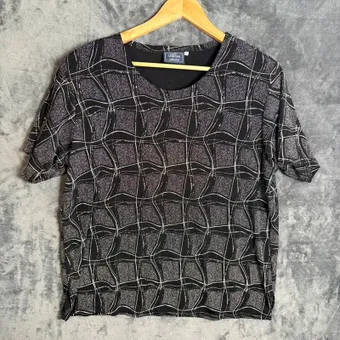 Adam Collection Black Metallic Patterned Top Size L Short Sleeve Stretch