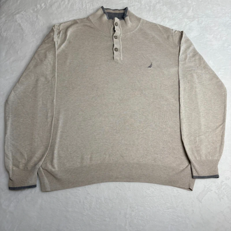 Nautica Knit Jumper Mens Size M Beige Cotton Quarter Button Pullover Lightweight Casual